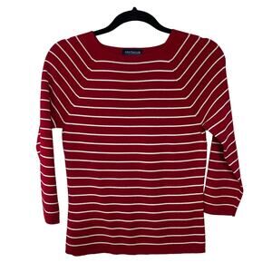 Y2K Ann Taylor Sweater‎ Striped 3/4 Sleeves Round Neck Knit Womens Red White S